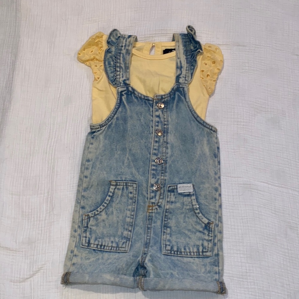 7 for all mankind baby girls overalls with yellow eyelet shirt